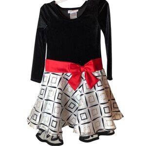 BONNIE JEAN Black White Fancy Party Dress Red Bow Gold Glitter Girls size 5